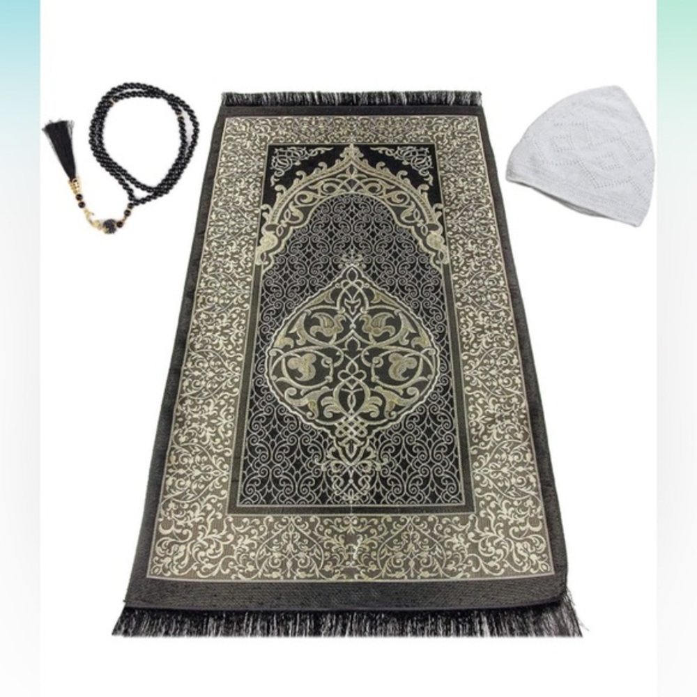 Prayer Mat, Prayer Beads+ Prayer Cap Muslim Turkish Design Portable (Black) NIP